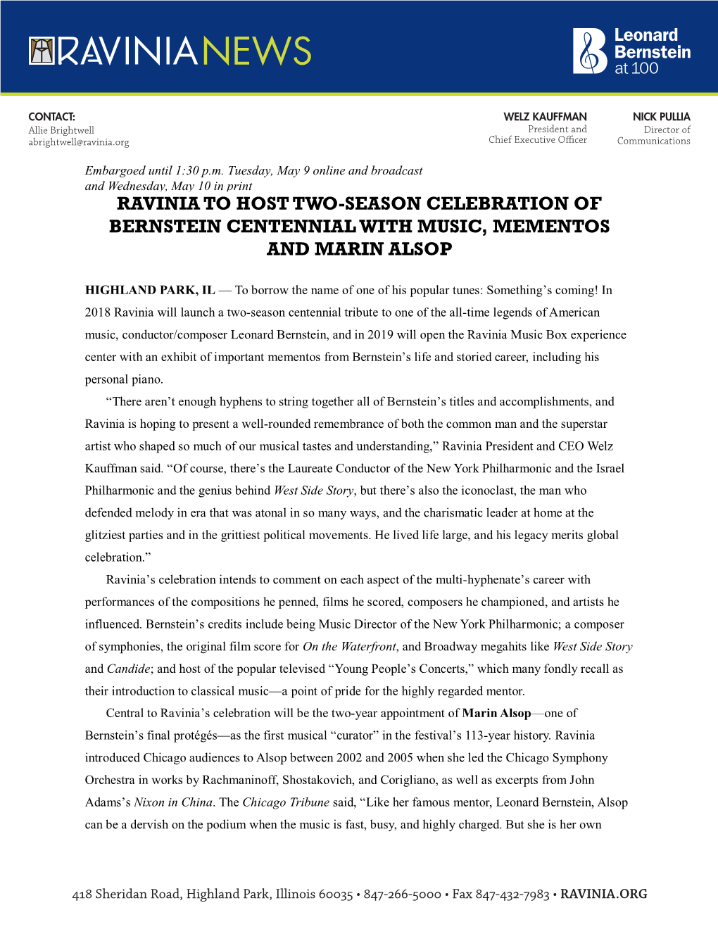 Ravinia to Host Two-Season Celebration of Bernstein Centennial with Music, Mementos and Marin Alsop