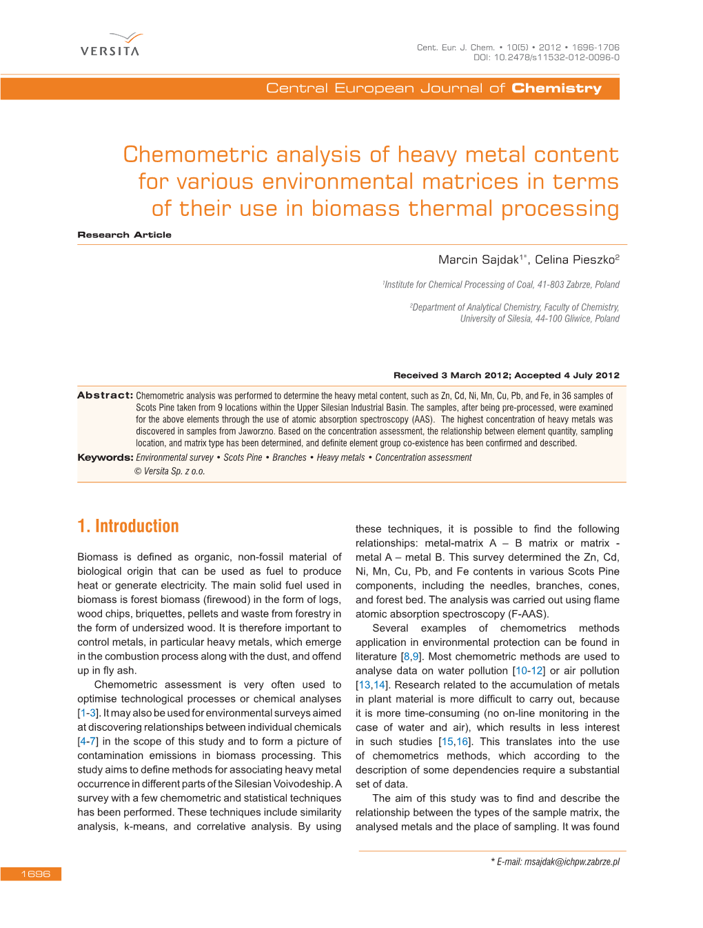 Chemometric Analysis of Heavy Metal Content for Various Environmental Matrices in Terms of Their Use in Biomass Thermal Processing