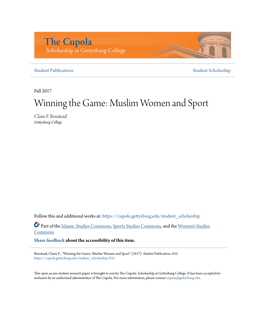 Winning the Game: Muslim Women and Sport Claire F