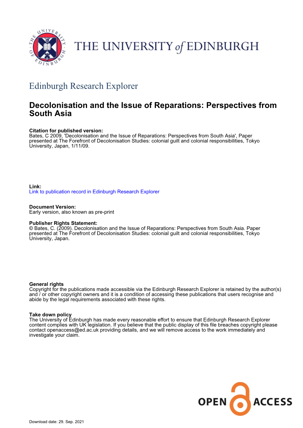 Decolonisation and the Issue of Reparations: Perspectives From