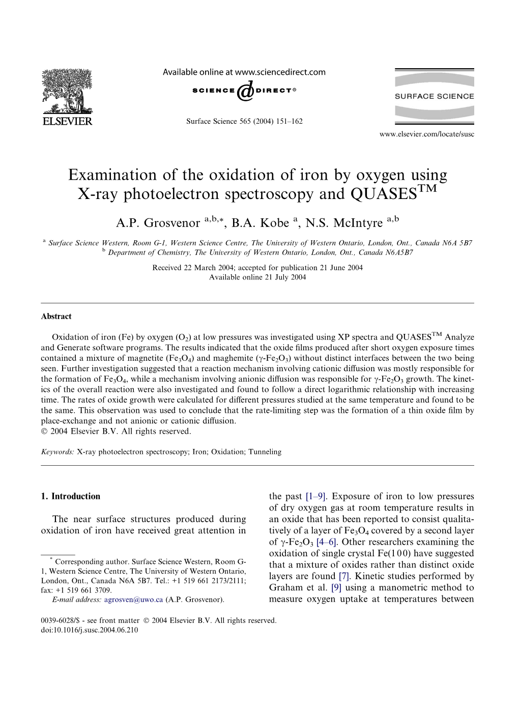 Examination of the Oxidation of Iron by Oxygen Using X-Ray Photoelectron Spectroscopy and QUASESTM