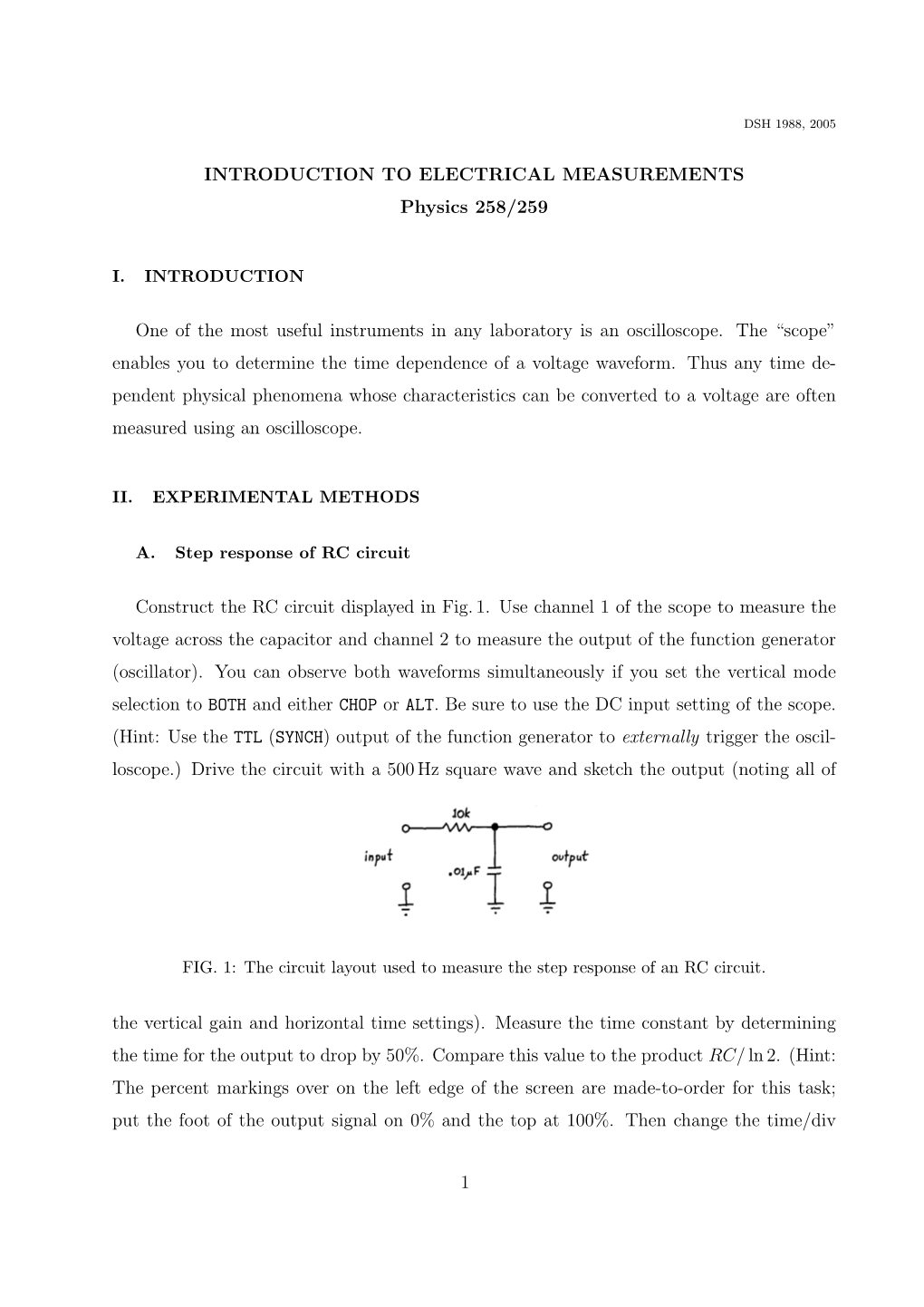 INTRODUCTION to ELECTRICAL MEASUREMENTS Physics 258/259