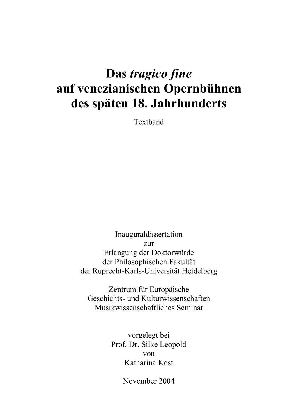 Das Tragico Fine Auf Venezianischen Opernbühnen Des Späten 18