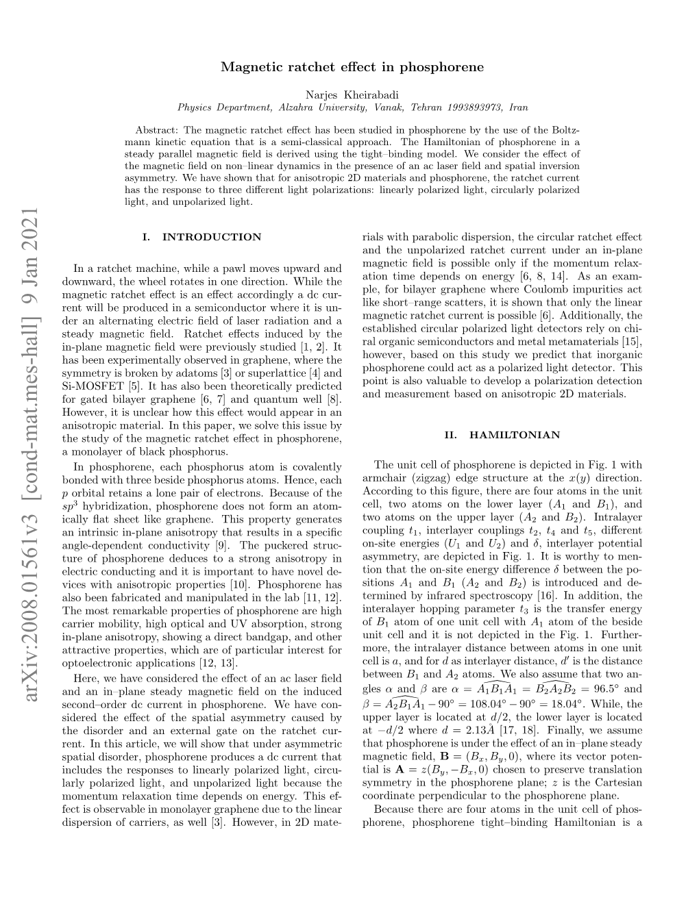 Arxiv:2008.01561V3 [Cond-Mat.Mes-Hall] 9 Jan 2021 ◦ ◦ ◦ ◦ Second–Order Dc Current in Phosphorene