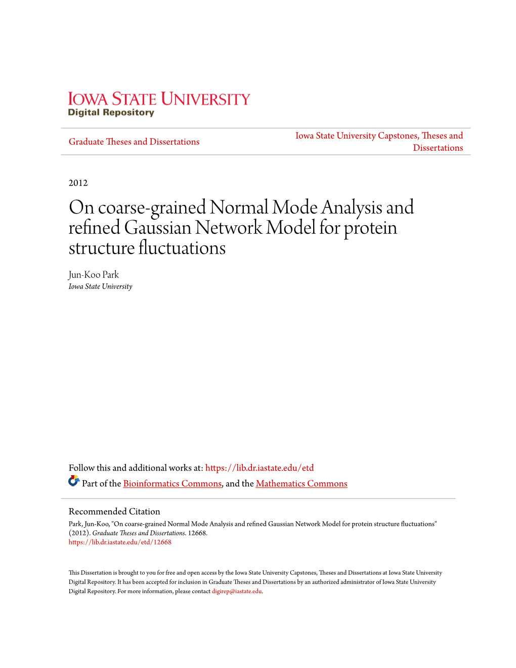 On Coarse-Grained Normal Mode Analysis and Refined Gaussian Network Model for Protein Structure Fluctuations" (2012)