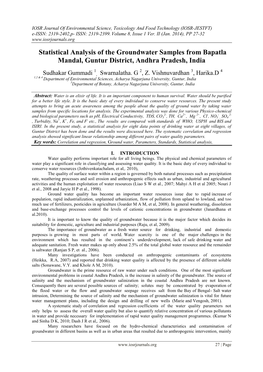 Statistical Analysis of the Groundwater Samples from Bapatla Mandal, Guntur District, Andhra Pradesh, India