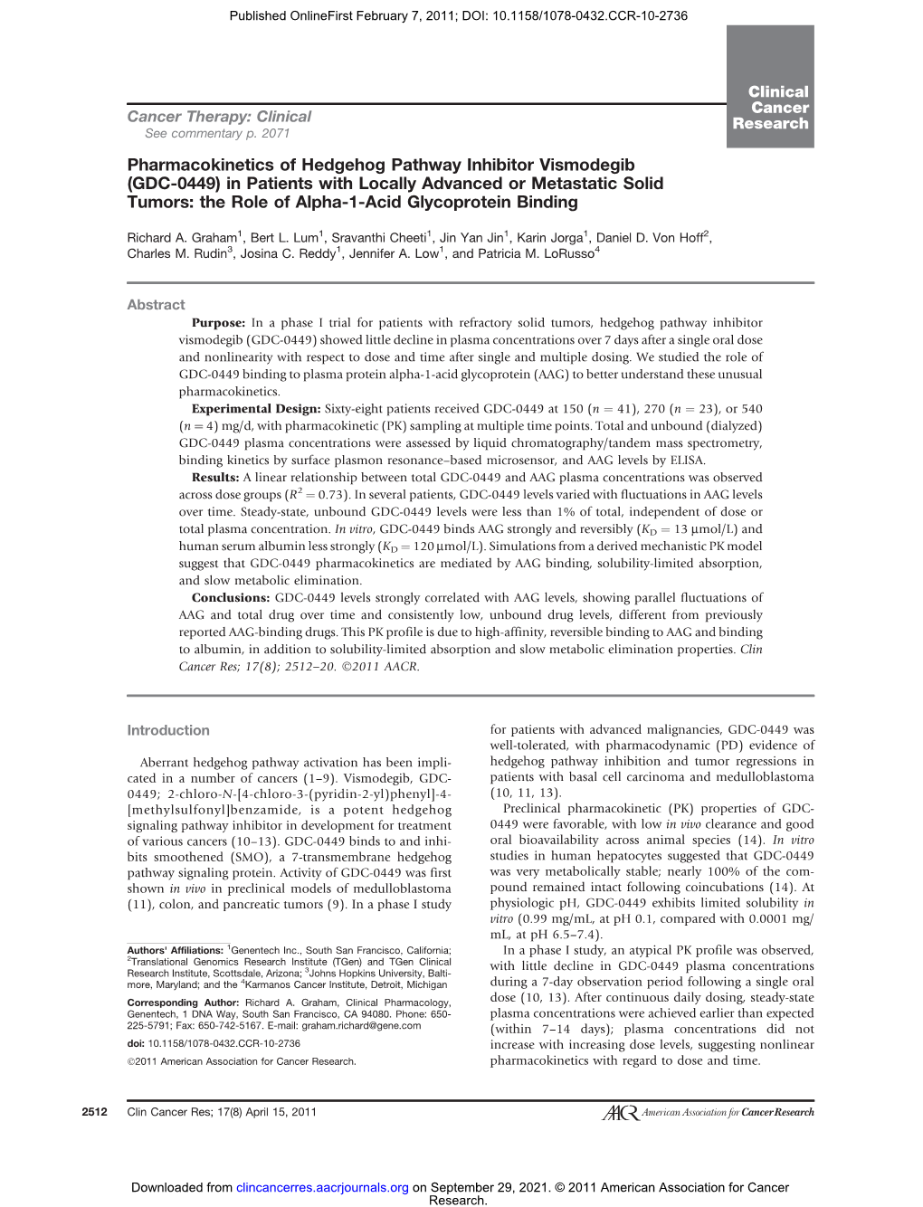 Pharmacokinetics of Hedgehog Pathway Inhibitor Vismodegib