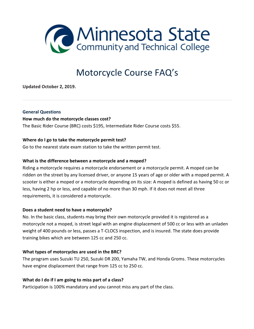 Motorcycle Course FAQ's