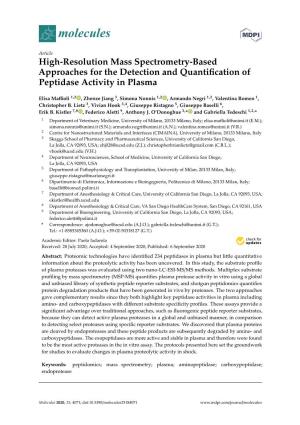High-Resolution Mass Spectrometry-Based Approaches for the Detection and Quantiﬁcation of Peptidase Activity in Plasma