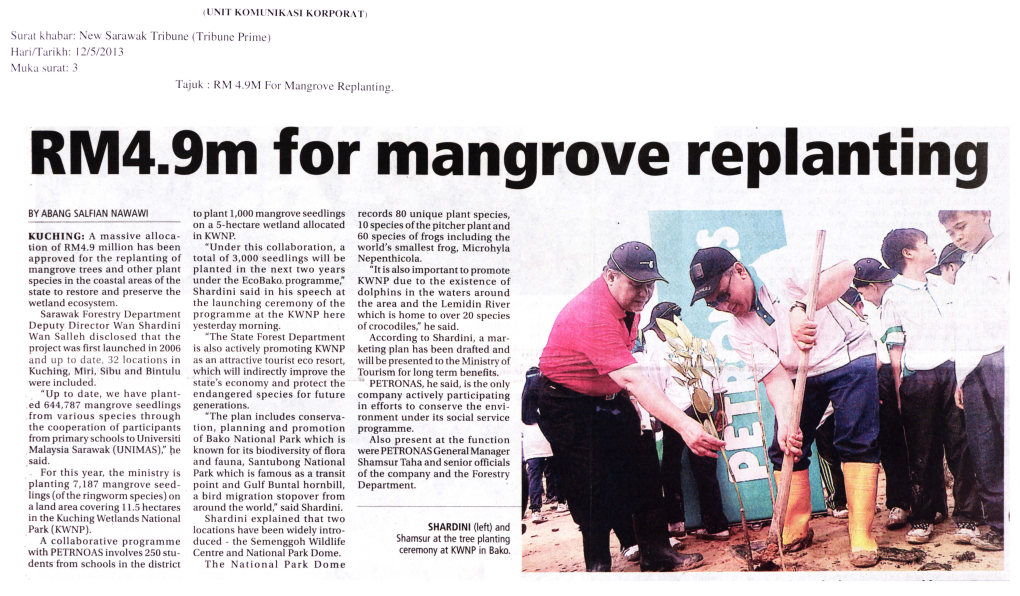 Surat Khabar: New Sarawak Tribune (Tribune Prime) Hari/Tarikh: 12/5/2013 N1uka Surat: 3 Tajuk : RM 4.9M for Mangrove Replanting