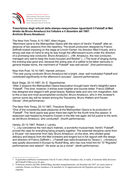 Trascrizione Degli Articoli Della Stampa Newyorchese Riguardanti Il Falstaff Al Met Diretto Da Bruno Amaducci Tra L'ottobre E Il Dicembre Del 1967