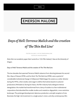 Days of Hell: Terrence Malick and the Creation of ' E in Red Line'