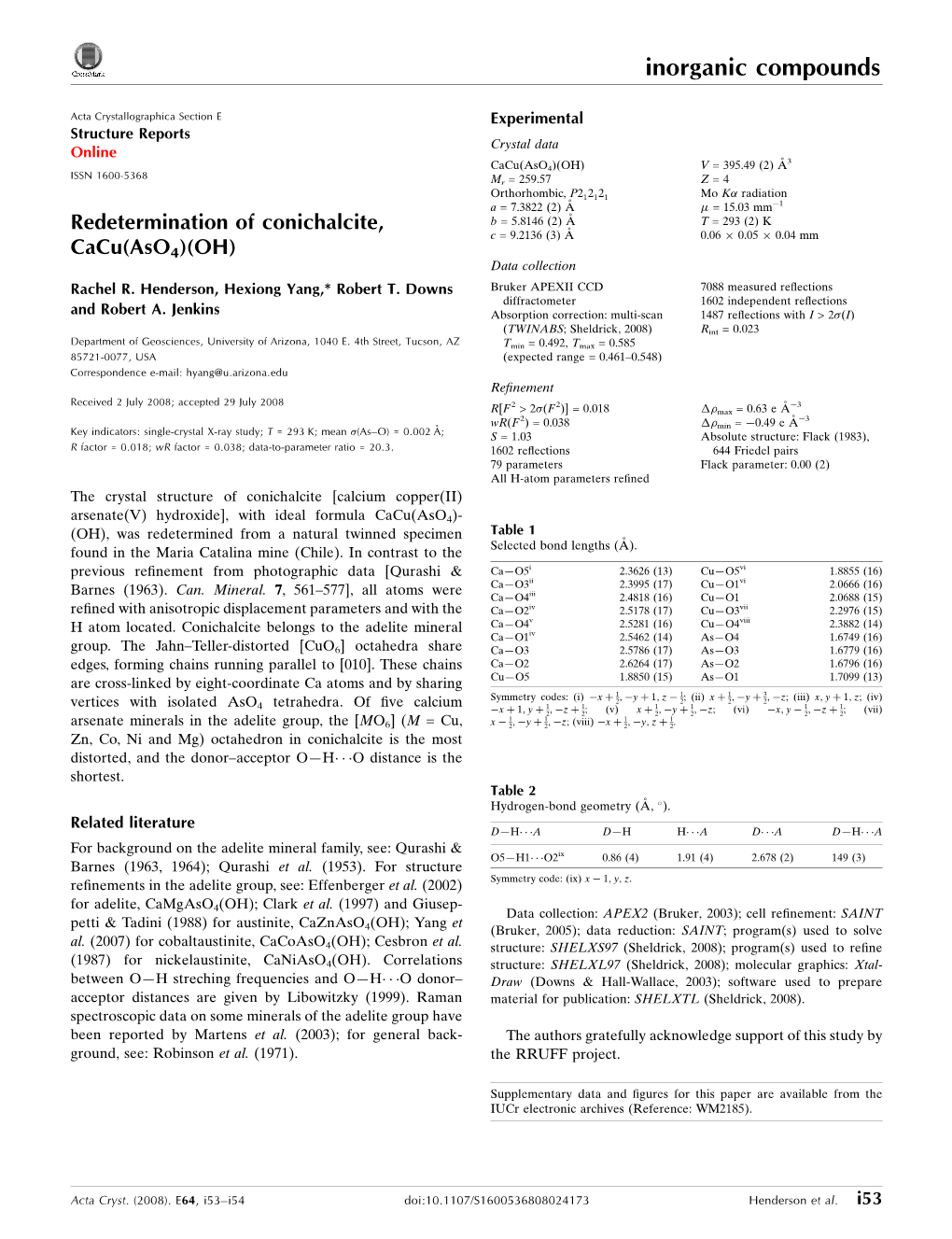 Redetermination of Conichalcite, Cacu (Aso4)(OH)