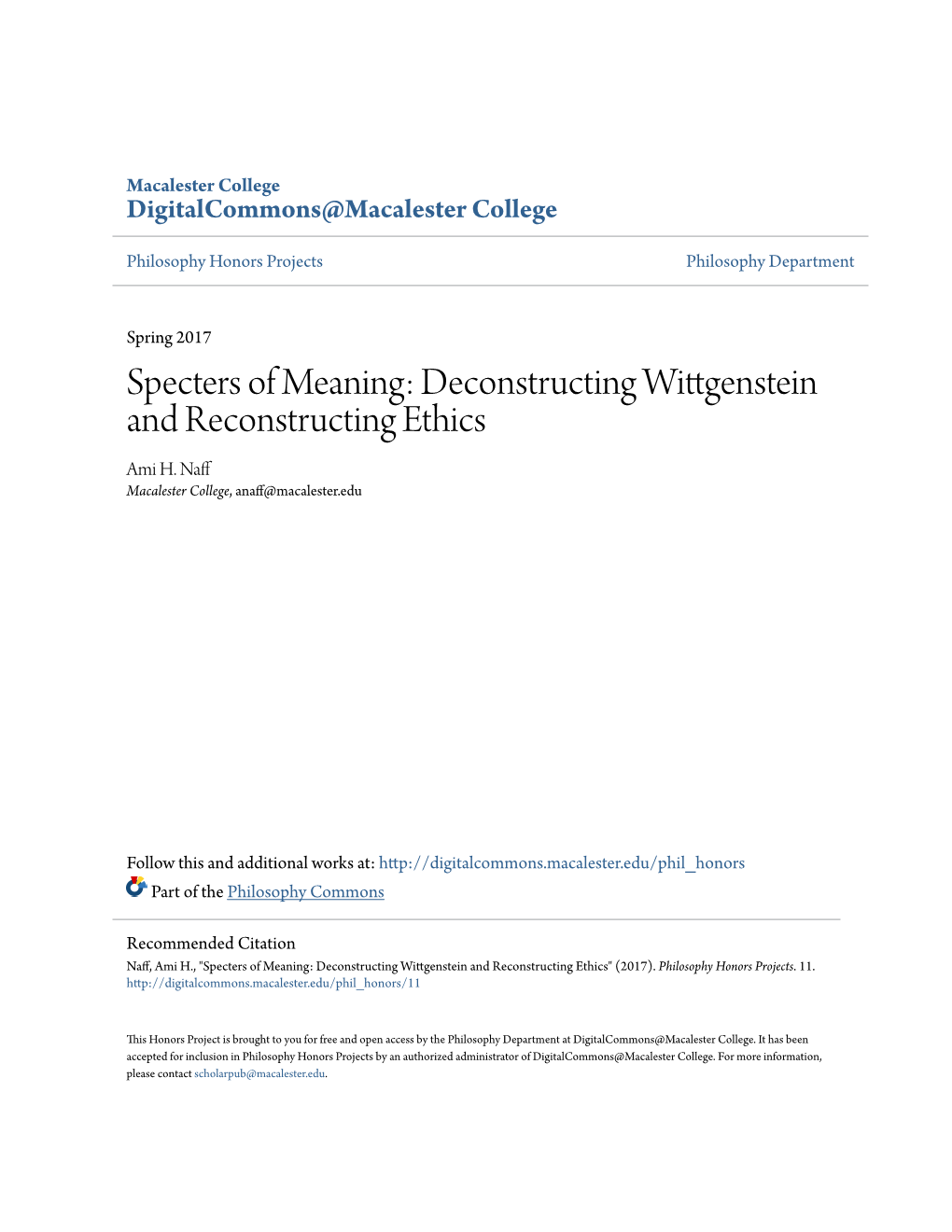 Specters of Meaning: Deconstructing Wittgenstein and Reconstructing Ethics Ami H