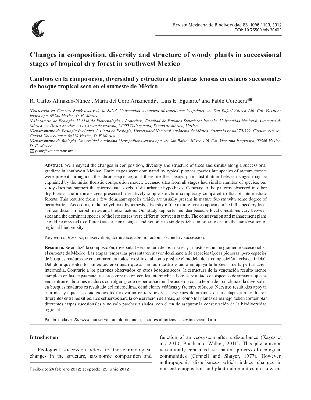 Changes in Composition, Diversity and Structure of Woody Plants in Successional Stages of Tropical Dry Forest in Southwest Mexico