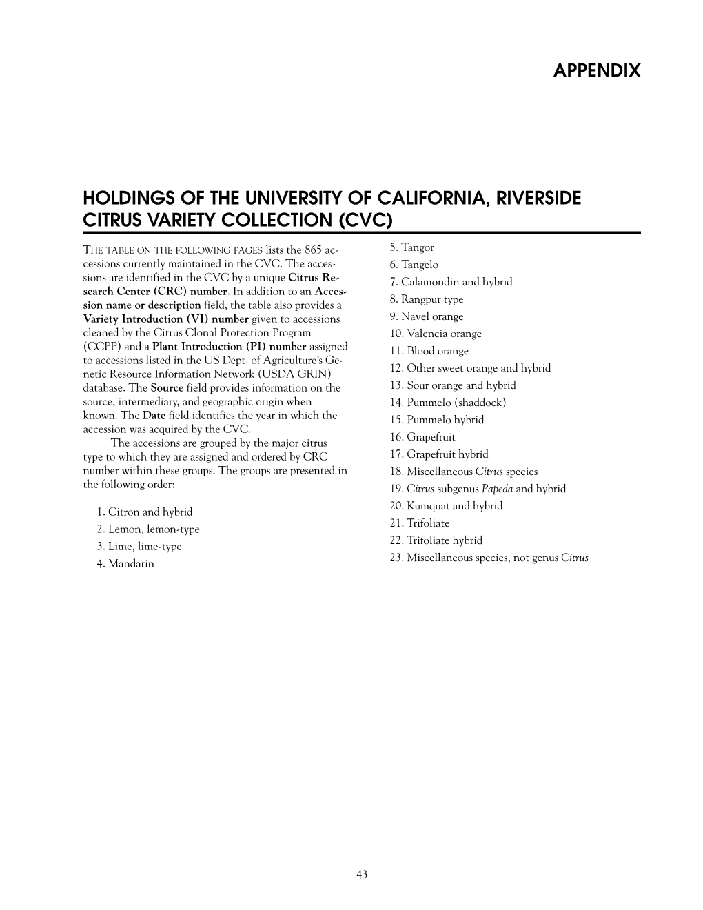 Holdings of the University of California, Riverside Citrus Variety Collection (Cvc)