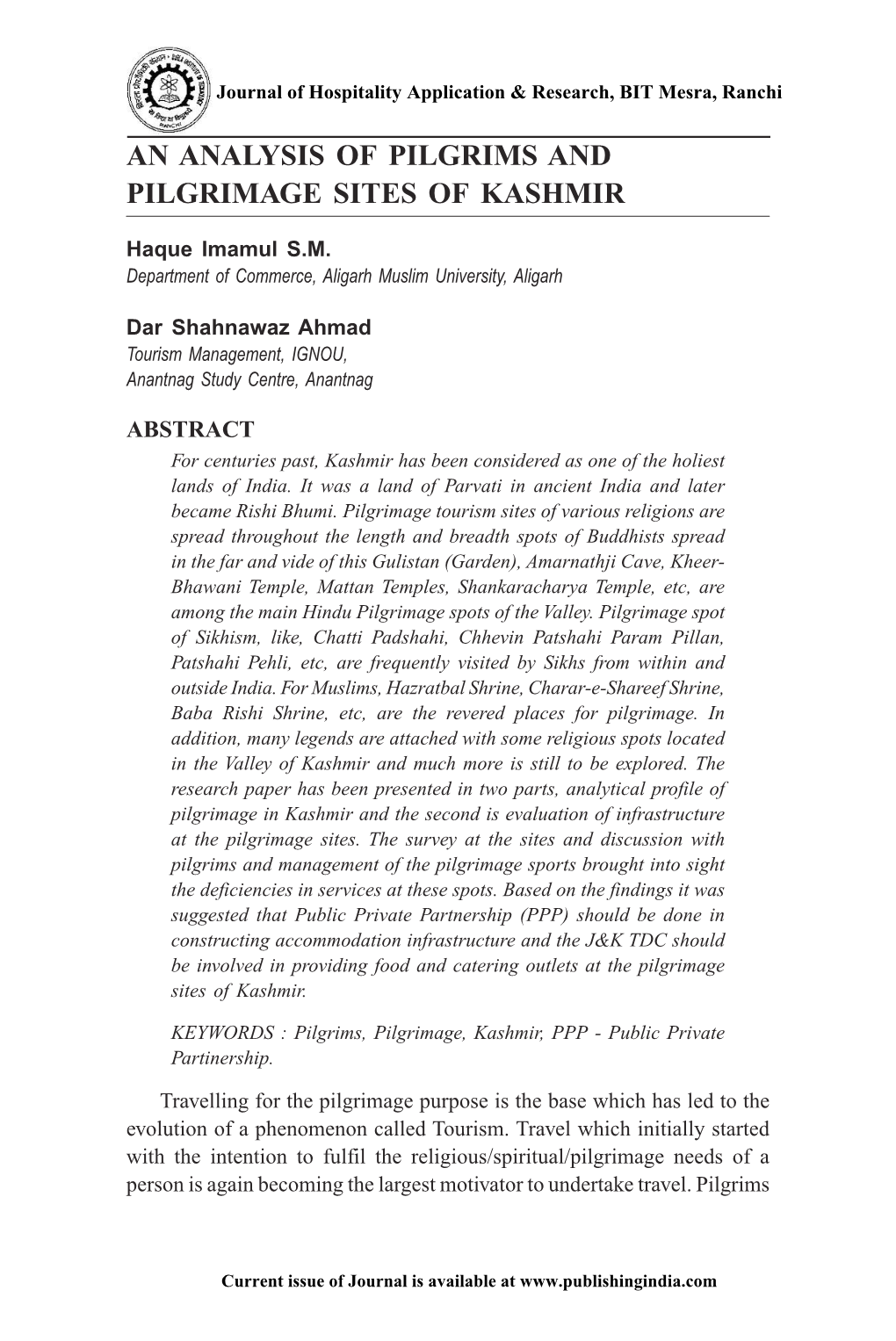 An Analysis of Pilgrims and Pilgrimage Sites of Kashmir