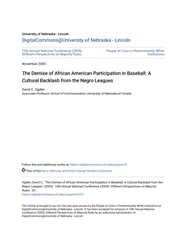 The Demise of African American Participation in Baseball: a Cultural Backlash from the Negro Leagues