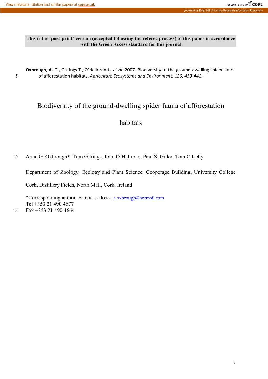 Biodiversity of the Ground-Dwelling Spider Fauna of Afforestation Habitats