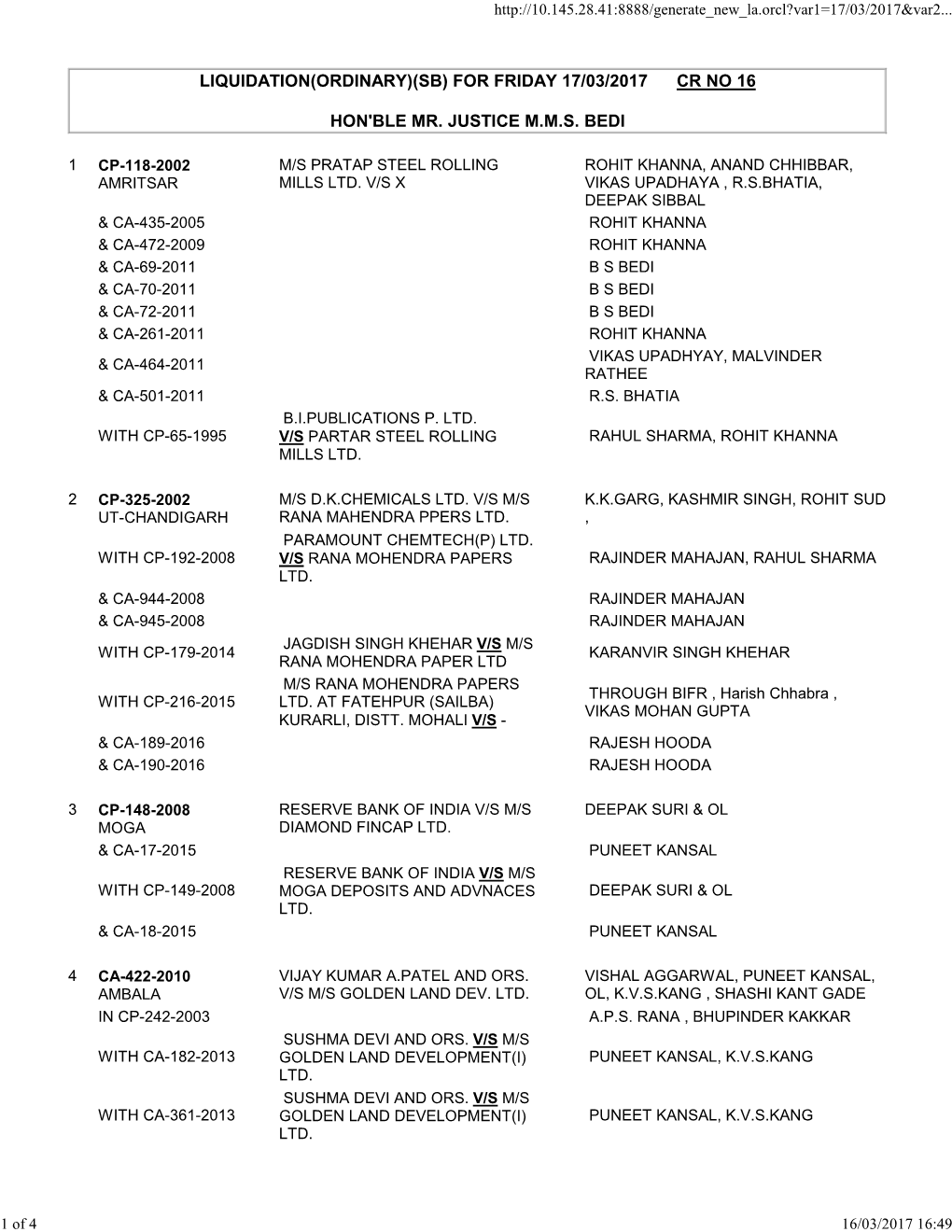 Liquidation(Ordinary)(Sb) for Friday 17/03/2017 Cr No 16