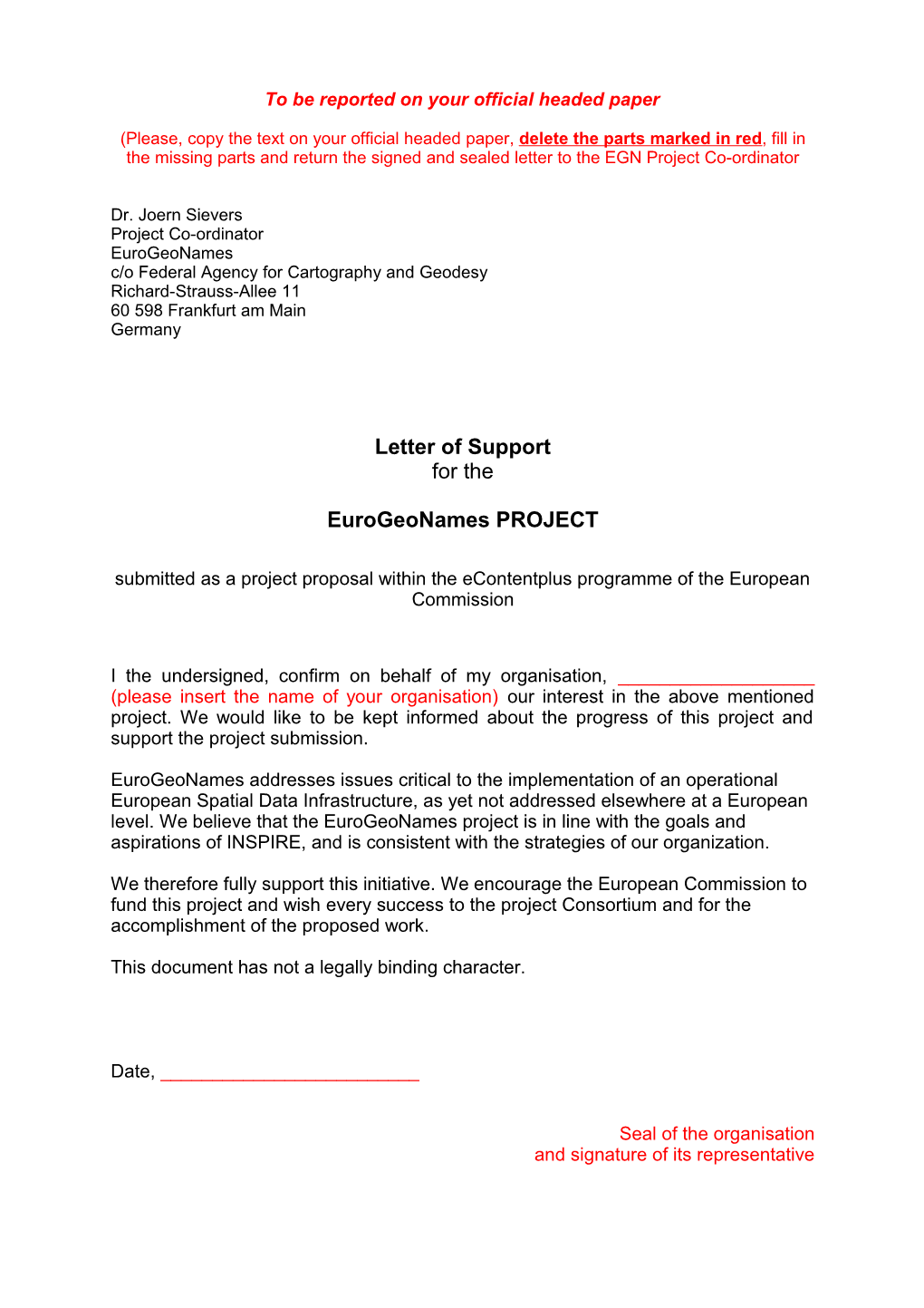 Letter of Intent for the Participation in the Project