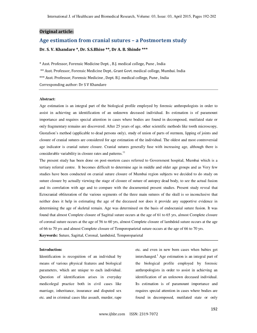 Age Estimation from Cranial Sutures – a Postmortem Study