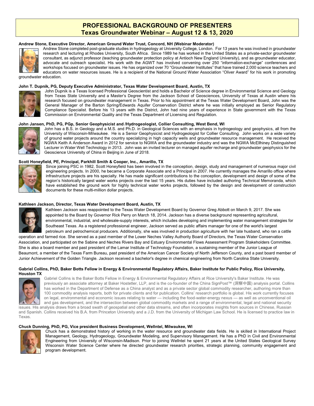 PROFESSIONAL BACKGROUND of PRESENTERS Texas Groundwater Webinar – August 12 & 13, 2020
