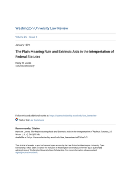 The Plain Meaning Rule and Extrinsic Aids in the Interpretation of Federal Statutes