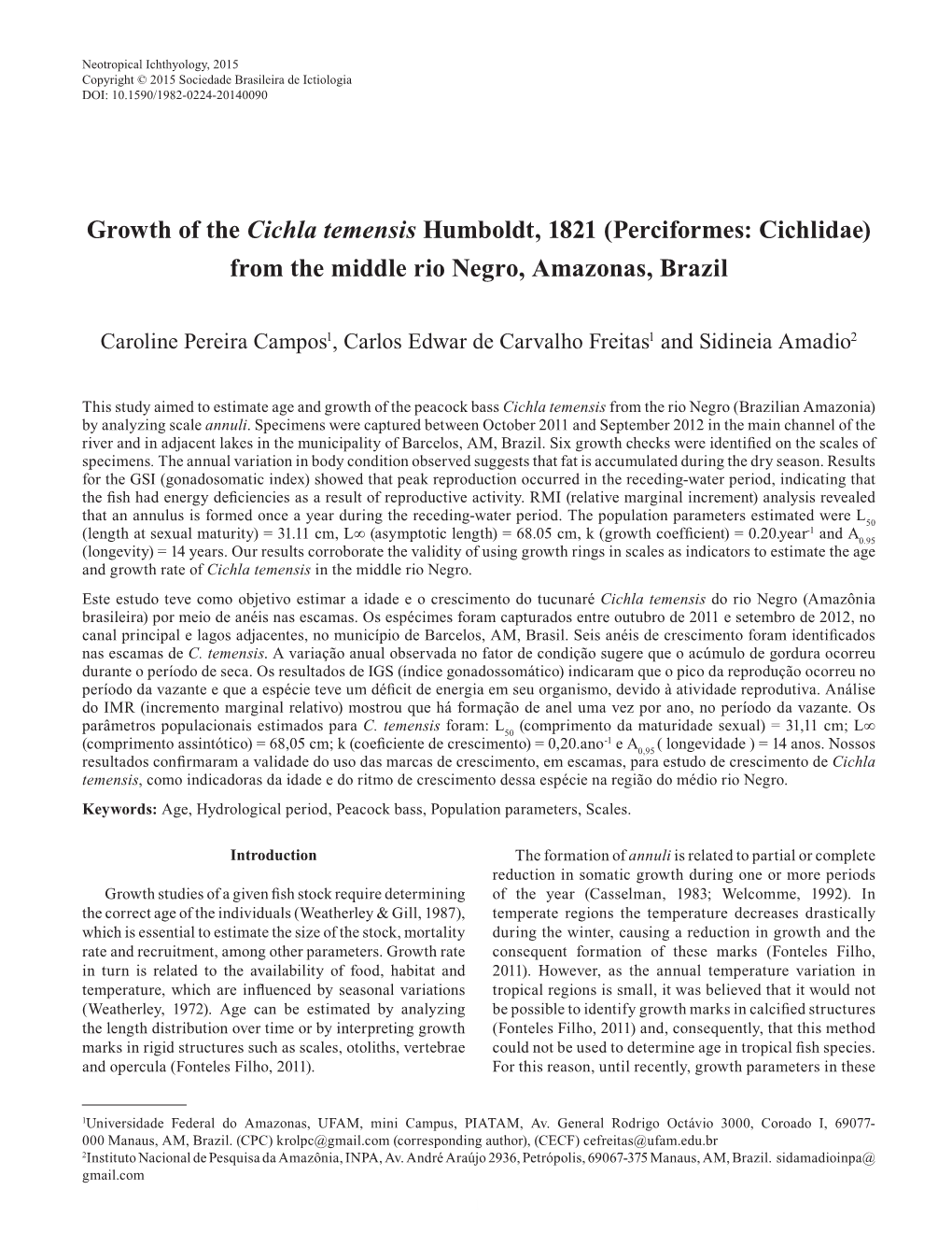 Growth of the Cichla Temensis Humboldt, 1821 (Perciformes: Cichlidae) from the Middle Rio Negro, Amazonas, Brazil