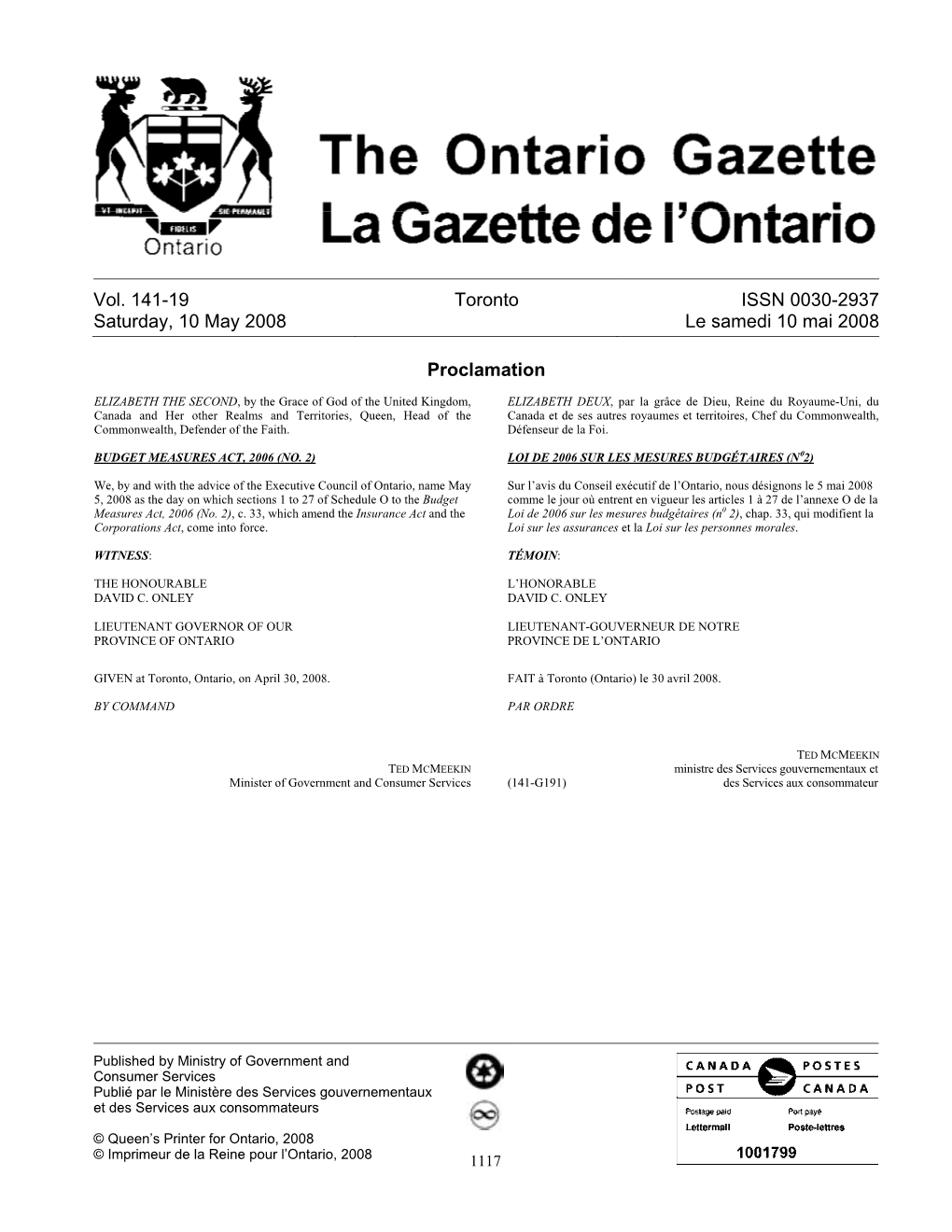 Ontario Gazette Volume 141 Issue 19, La Gazette De L'ontario Volume 141