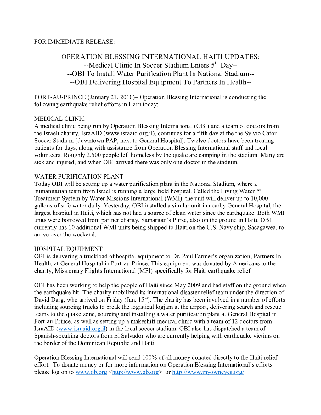 OPERATION BLESSING INTERNATIONAL HAITI UPDATES: --Medical Clinic in Soccer Stadium Enters 5 Day---OBI to Install Water Purific