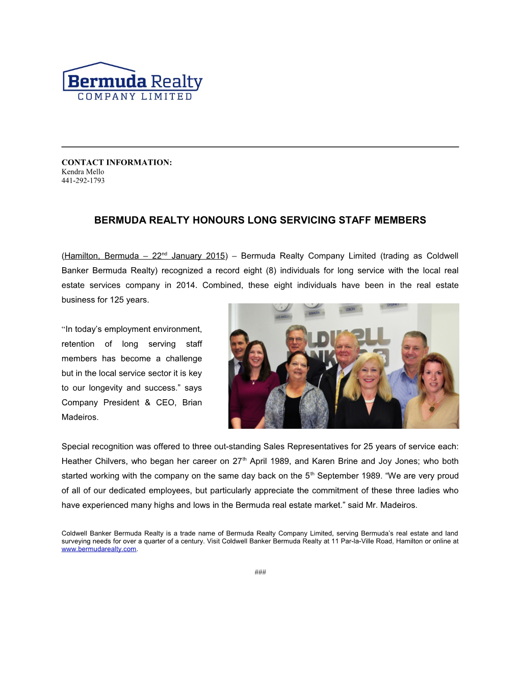 Bermuda Realty Honours Long Servicing Staff Members