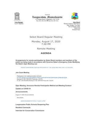 Select Board Regular Meeting Monday, August 17, 2020 7:00 PM