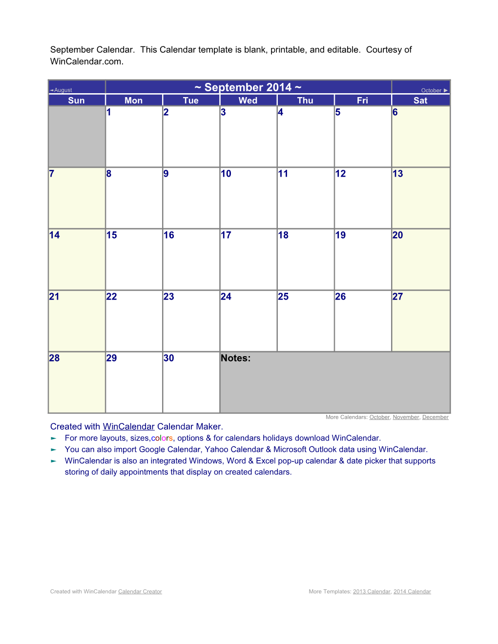 September Calendar. This Calendar Template Is Blank, Printable, and Editable. Courtesy