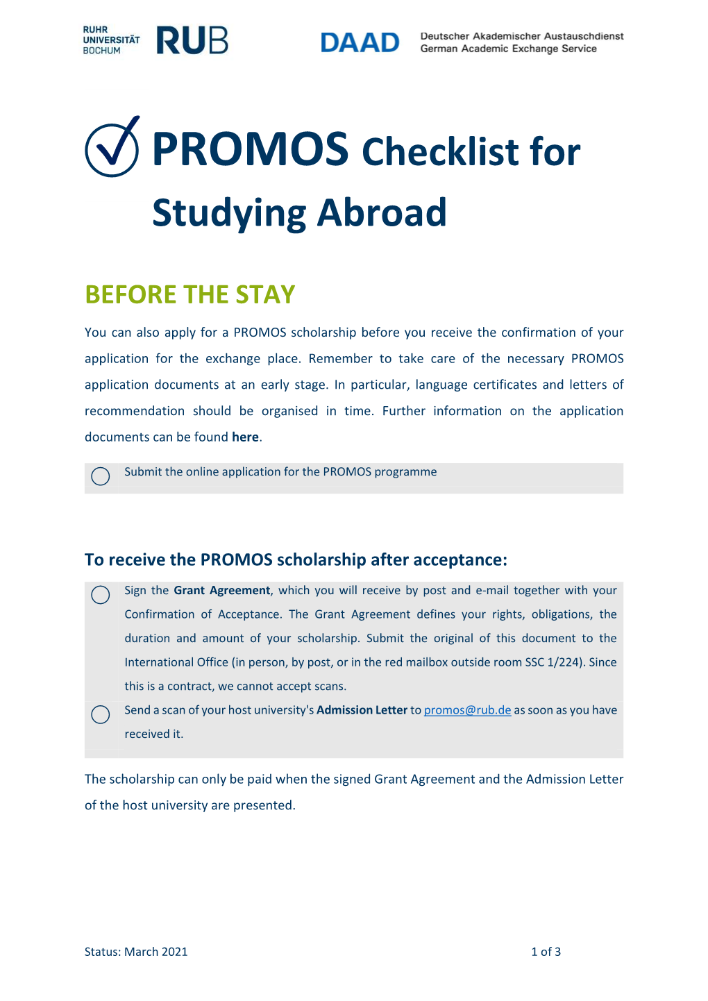 ⃝ PROMOS Checklist for Studying Abroad