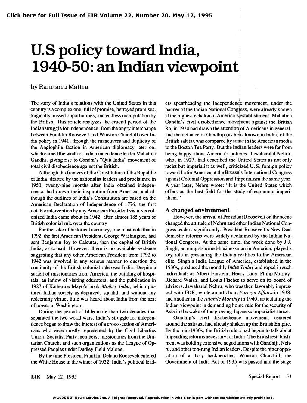 U.S Policy Toward India, 1940-50: an Indian Viewpoint