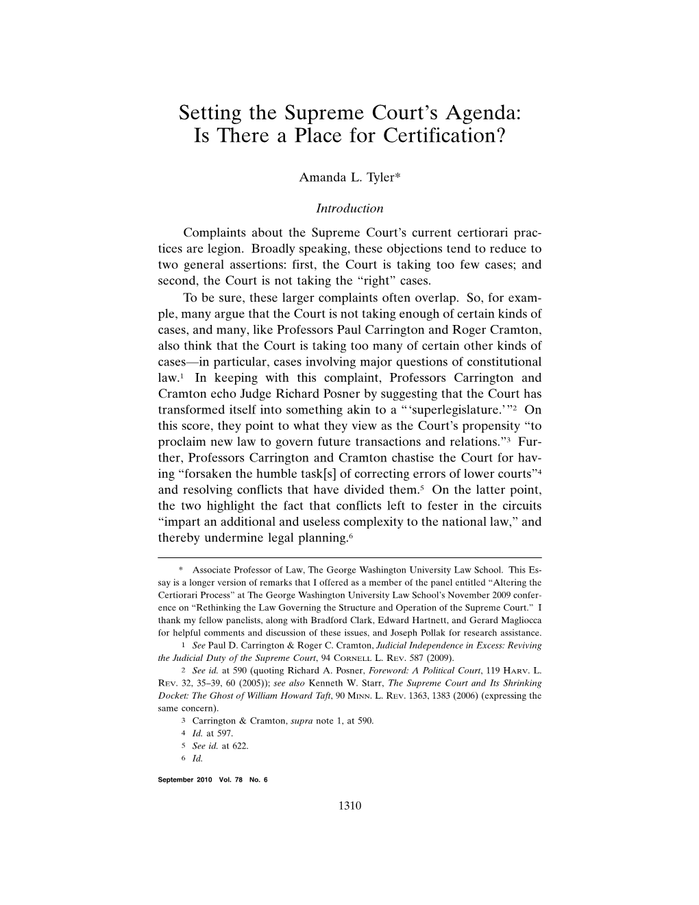 Setting the Supreme Court's Agenda: Is There a Place for Certification?