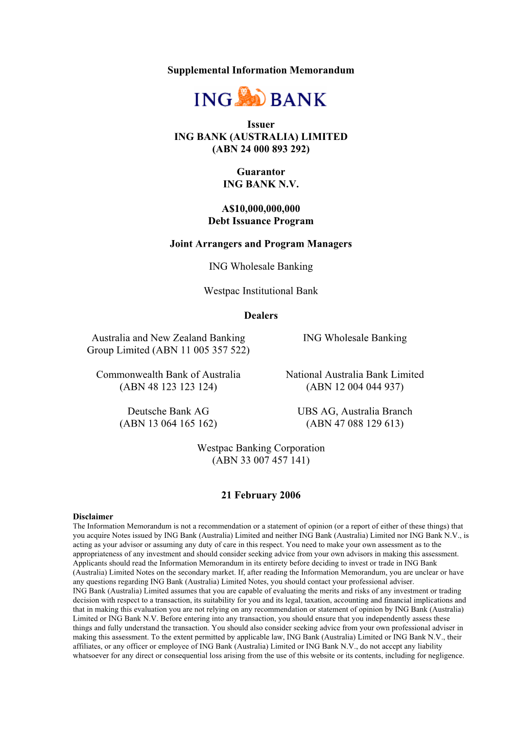 Supplemental Information Memorandum Issuer ING BANK