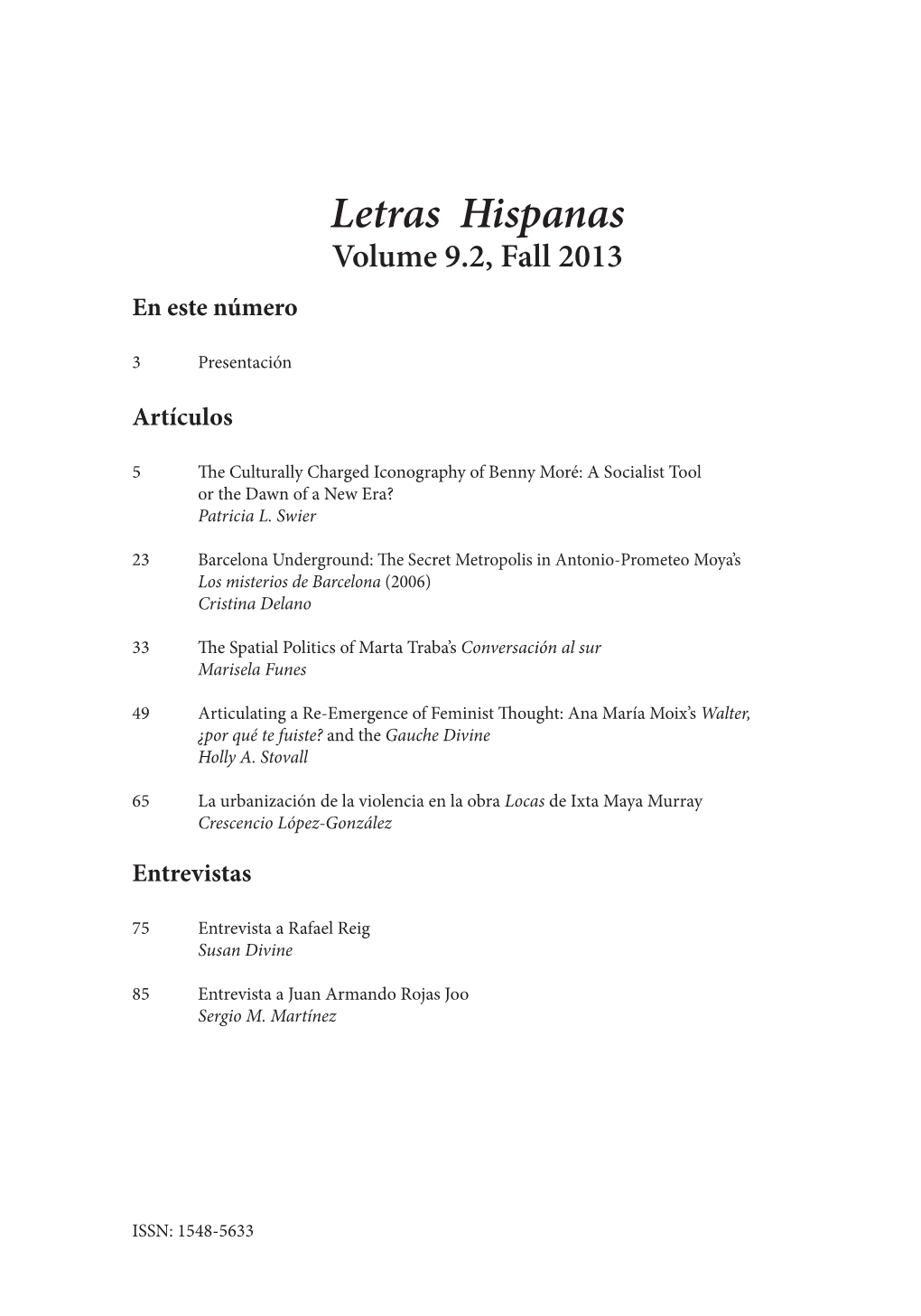 Letras Hispanas Volume 9.2, Fall 2013 En Este Número