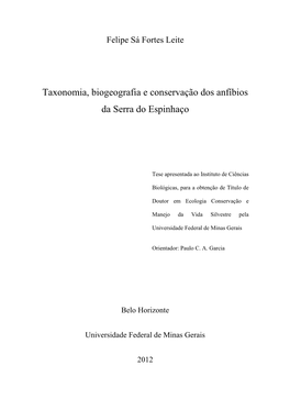 Taxonomia, Biogeografia E Conservação Dos Anfíbios Da Serra Do Espinhaço