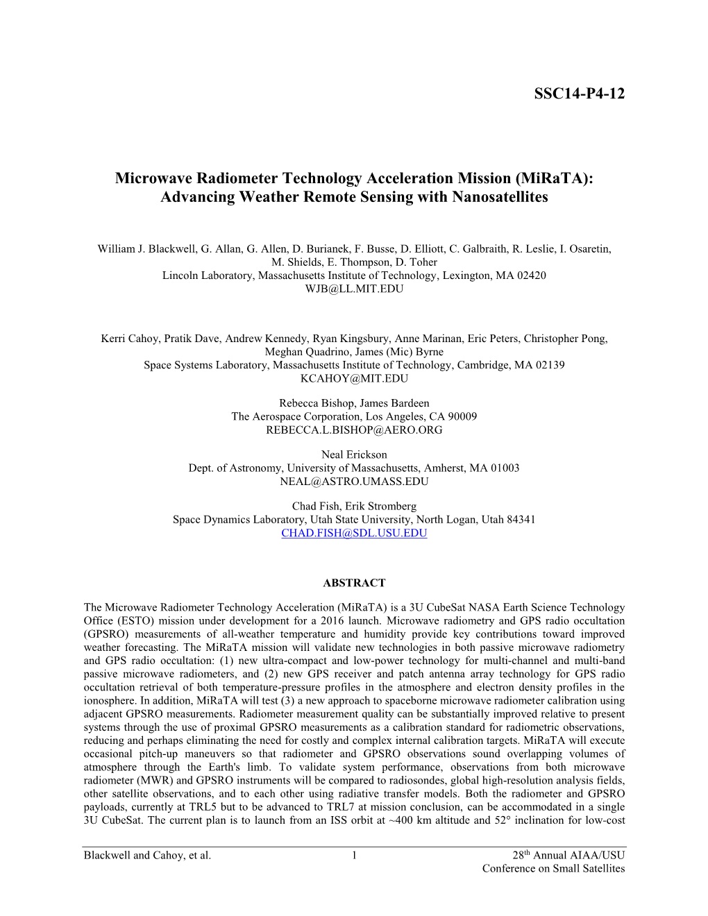 Microwave Radiometer Technology Acceleration Mission (Mirata): Advancing Weather Remote Sensing with Nanosatellites