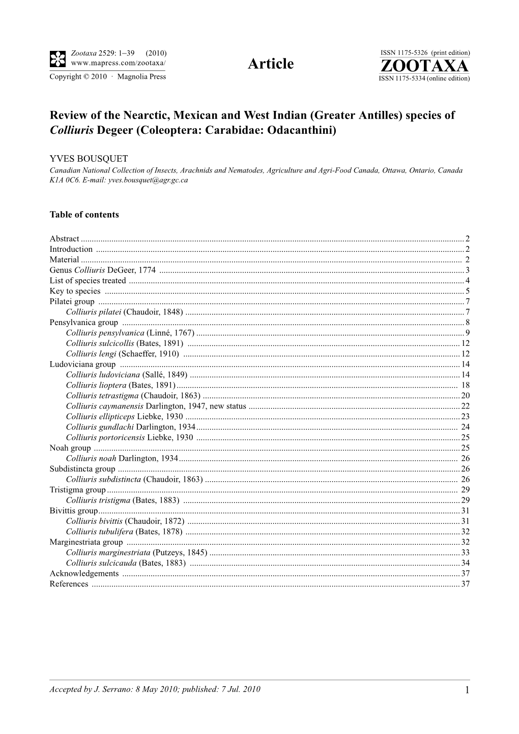 Zootaxa 2529: 1–39 (2010) ISSN 1175-5326 (Print Edition) Article ZOOTAXA Copyright © 2010 · Magnolia Press ISSN 1175-5334 (Online Edition)