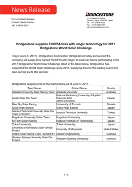 Bridgestone Supplies ECOPIA Tires with Ologic Technology for 2017 Bridgestone World Solar Challenge