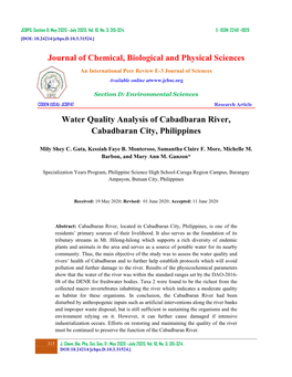 Journal of Chemical, Biological and Physical Sciences Water Quality Analysis of Cabadbaran River, Cabadbaran City, Philippines