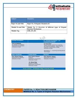 Types of Organic Reaction Mechanisms Module Tag CHE P5 M2