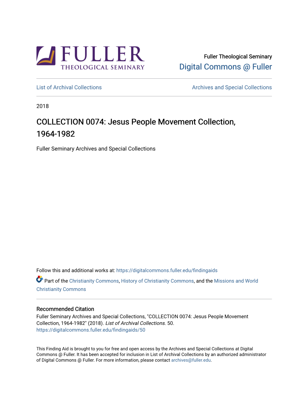 Jesus People Movement Collection, 1964-1982