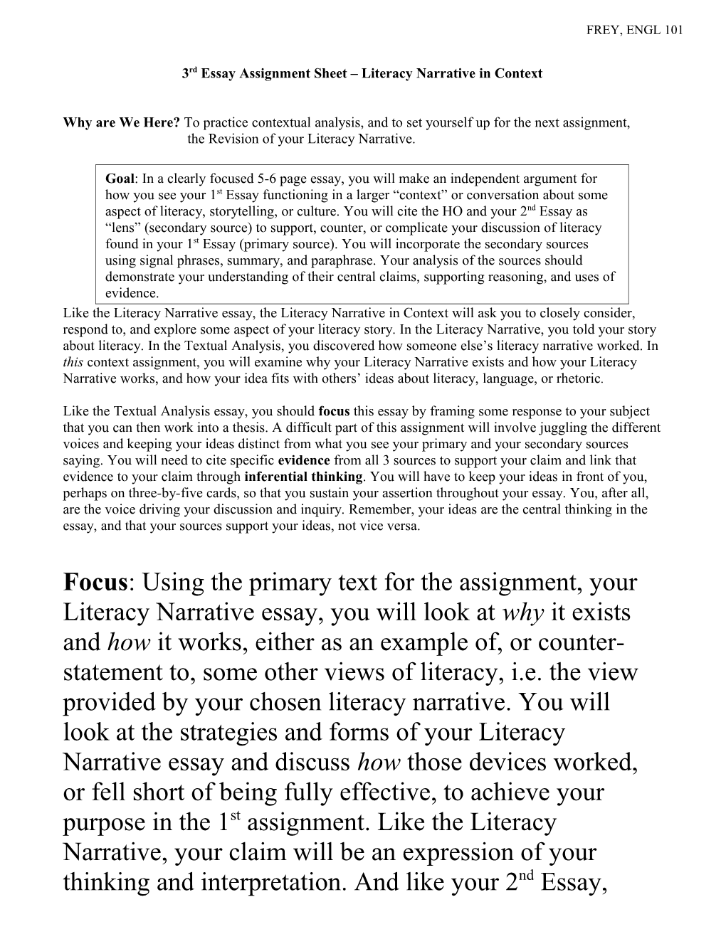 Assignment Sheet Literacy Narrative in Context