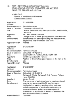 10. East Hertfordshire District Council Development Control Committee – 22 May 2013 Items for Report and Noting