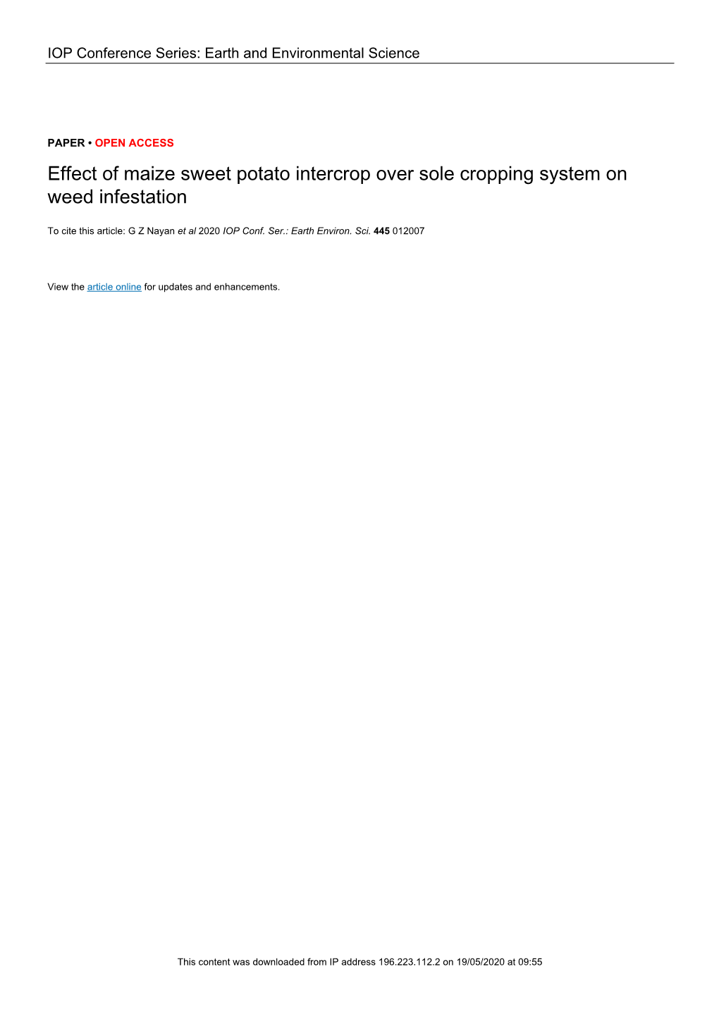 Effect of Maize Sweet Potato Intercrop Over Sole Cropping System on Weed Infestation