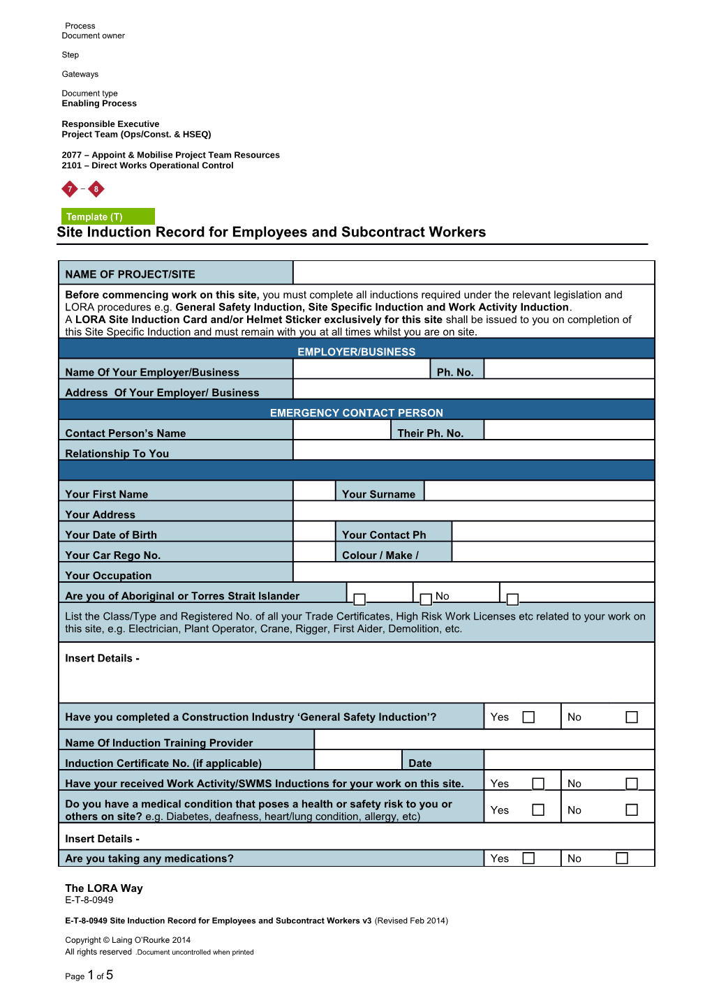 E-T-8-0949 Site Induction Record for Employees and Subcontract Workers